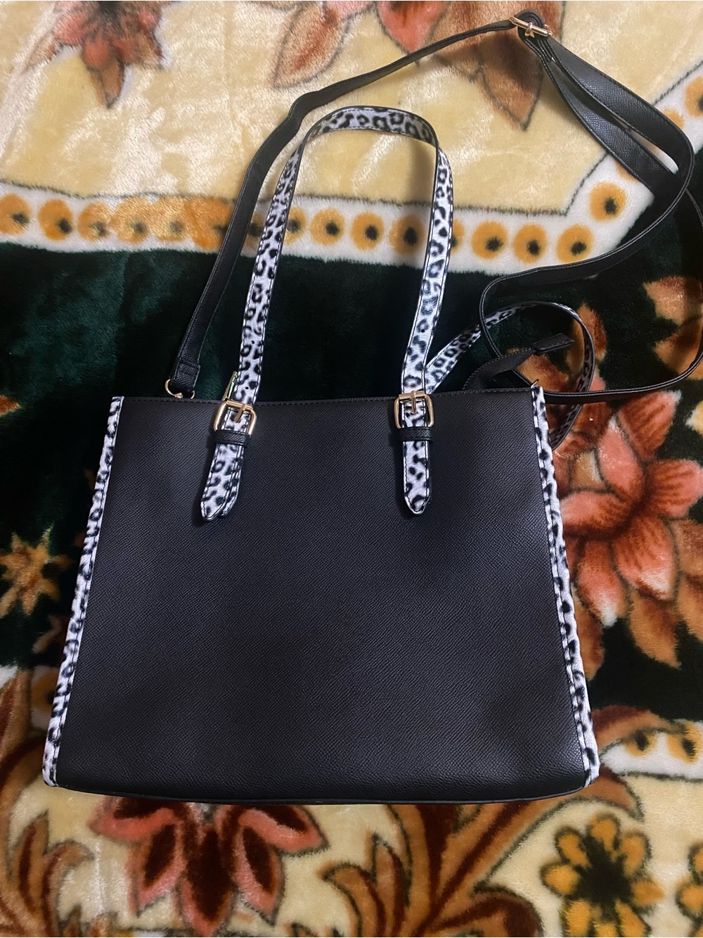 New York & Company Black Shoulder Bag with Leopard-Print Trim